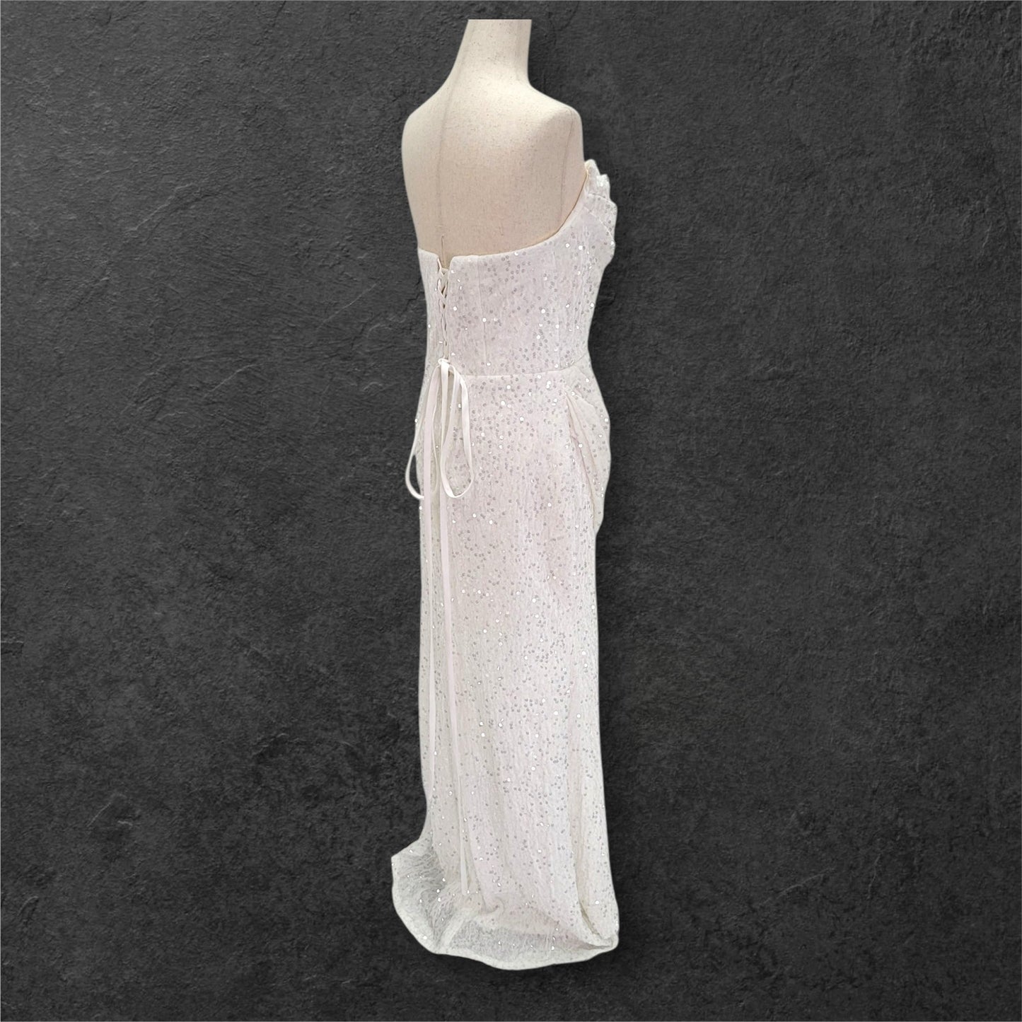 Strapless White Sequin Gown with Corset Back and Leg Slit