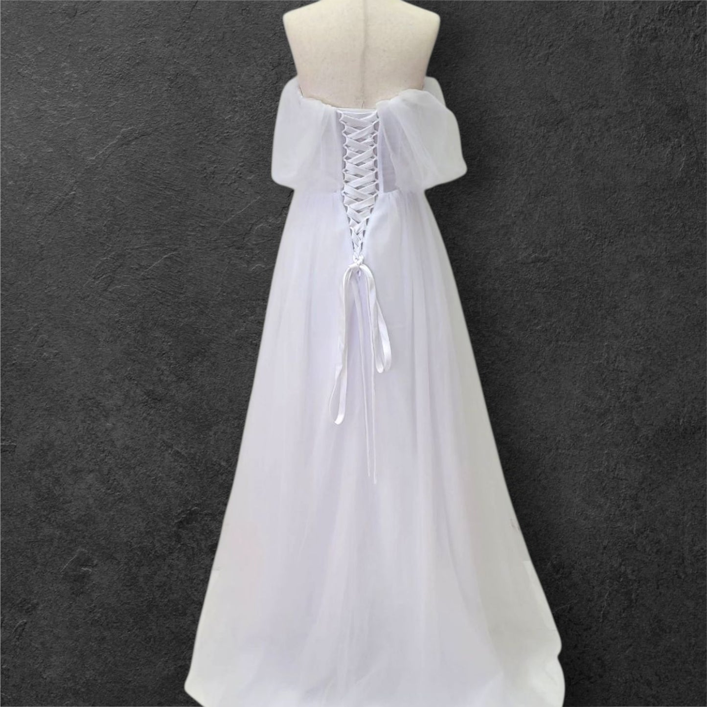 Tulle A Line Wedding Dress with Pearl Design on Bust and Full Corset Back