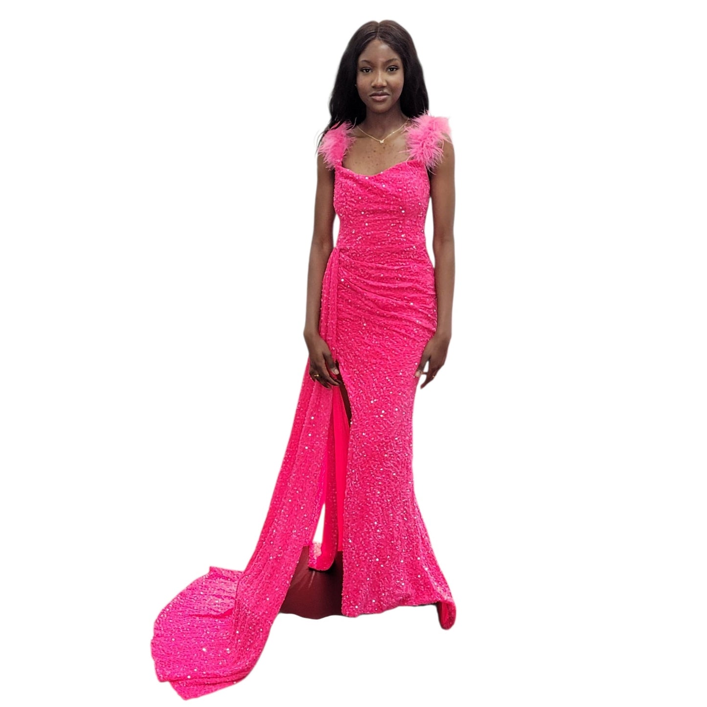Hot Pink Fitted Sequin Evening Gown with Feathered Shoulders
