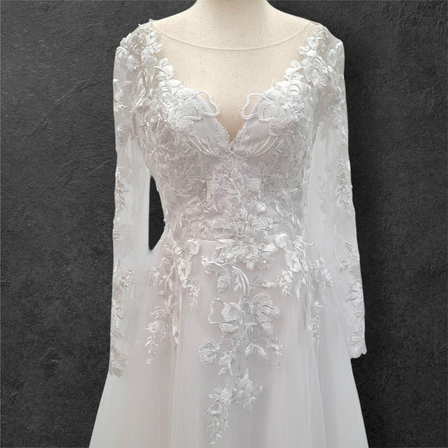 Long Sleeve Tulle Wedding Dress with Sheer Mesh Back with Floral Appliques