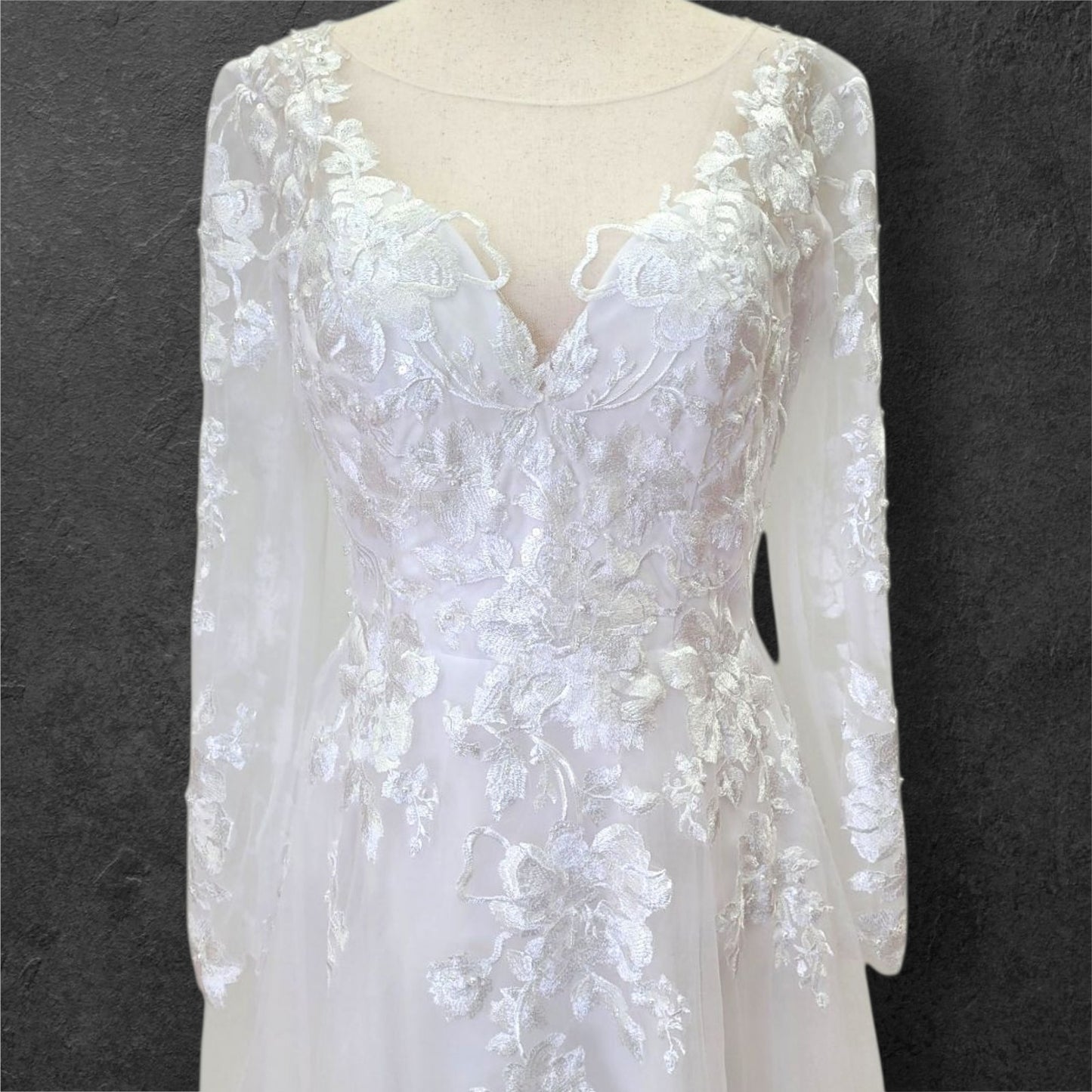 A Line Wedding Gown with Fitted Mesh Long Sleeves and Train with Floral Appliques