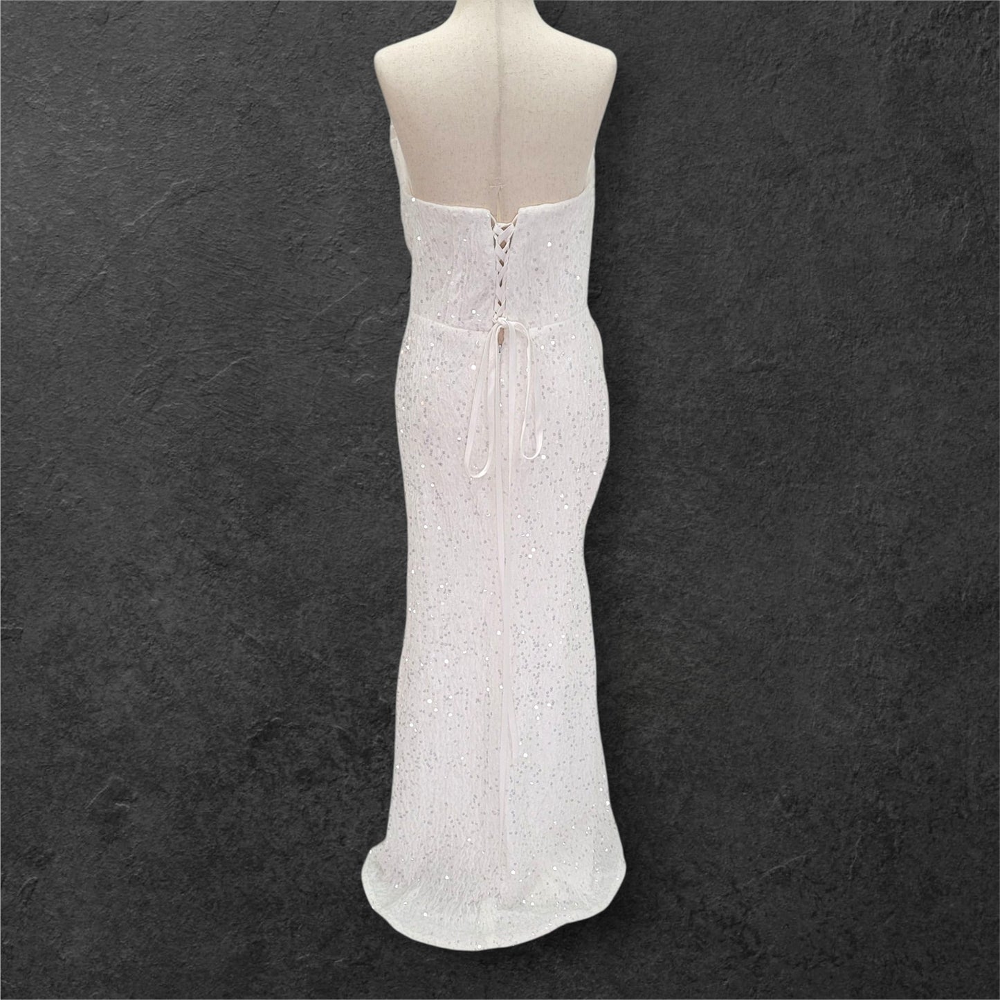 Strapless White Sequin Gown with Corset Back and Leg Slit