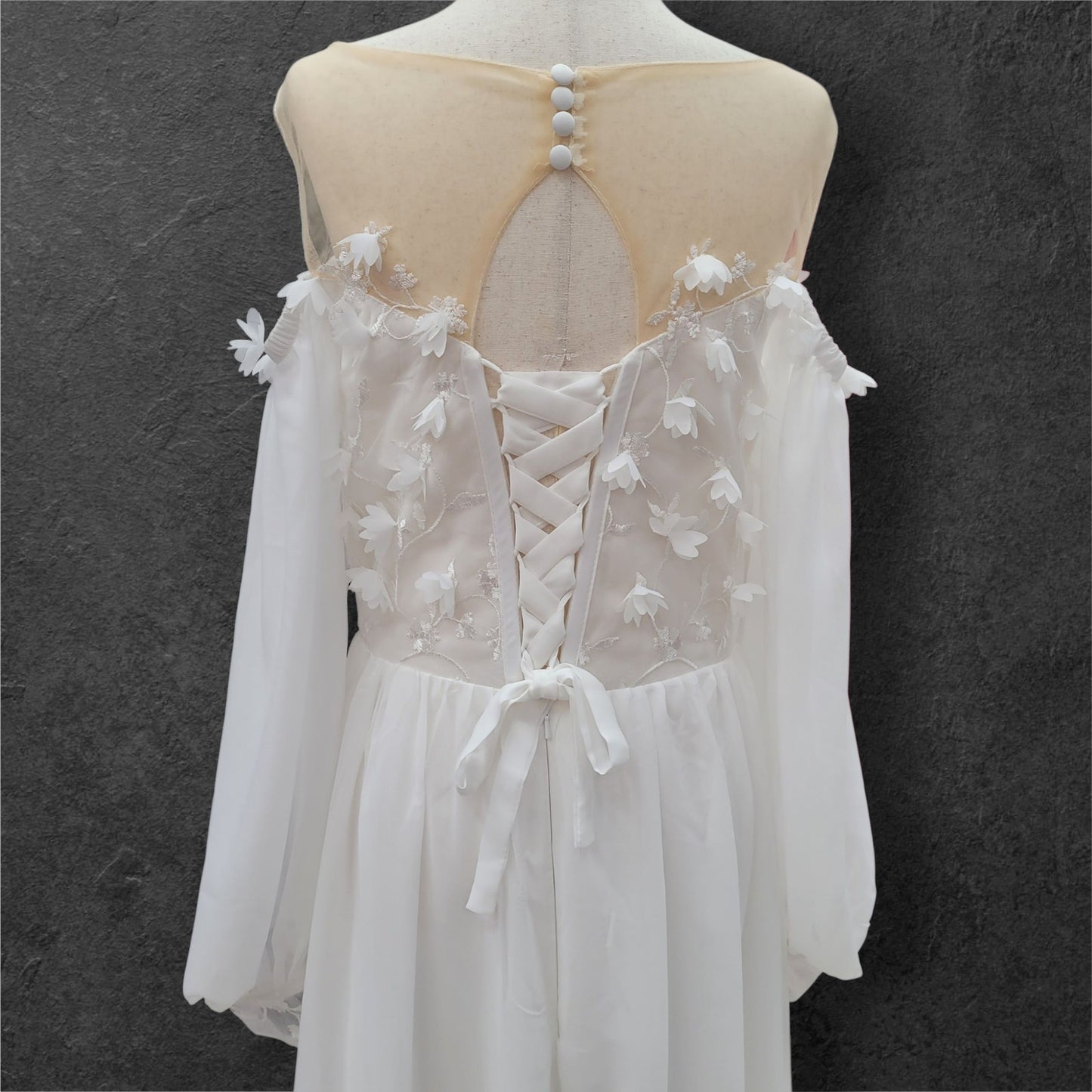 Boho Chiffon Off Shoulder Long Sleeve Wedding Dress with Flowers