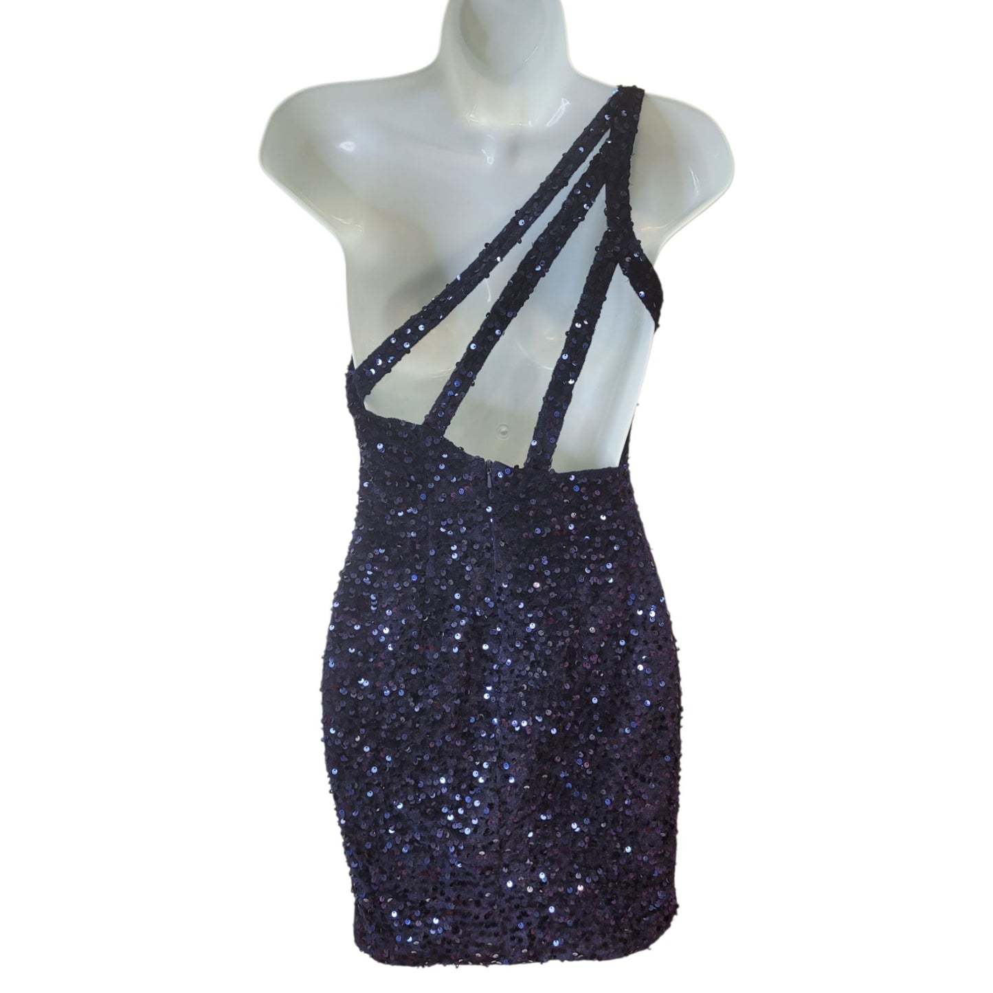 Women's Short One Shoulder Strappy Sequin Dress in Navy Blue