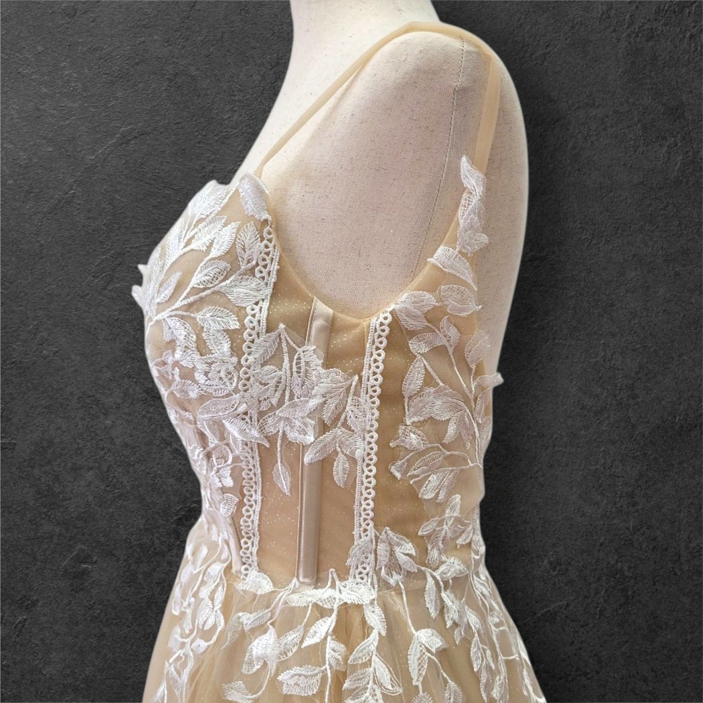 Beige Ballgown Wedding Dress with White Floral Appliques