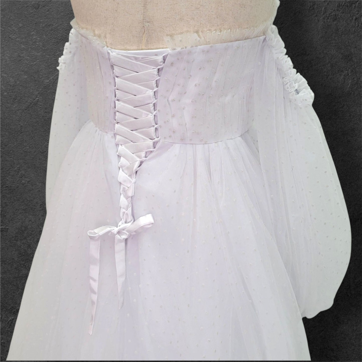 Fun Polka Dot Tulle Wedding Dress with Off Shoulder Sleeves