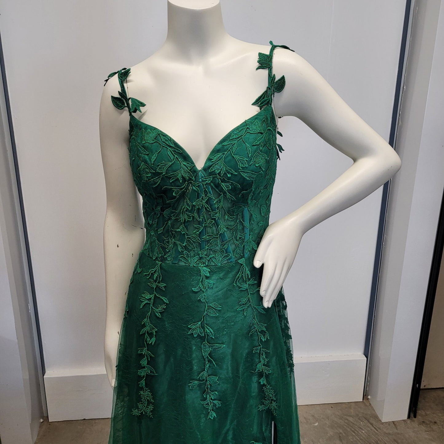 Vine Dress with Semi-Sheer Bodice Corset Back Tulle Skirt Evergreen