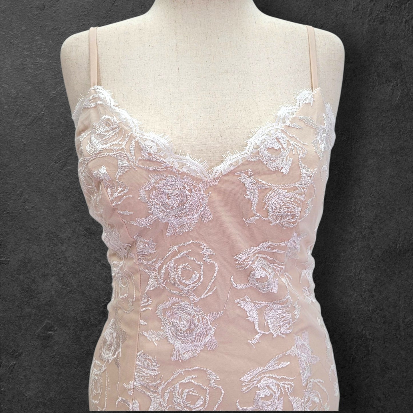Beige Destination Wedding Dress with White Rose Overlay and Train