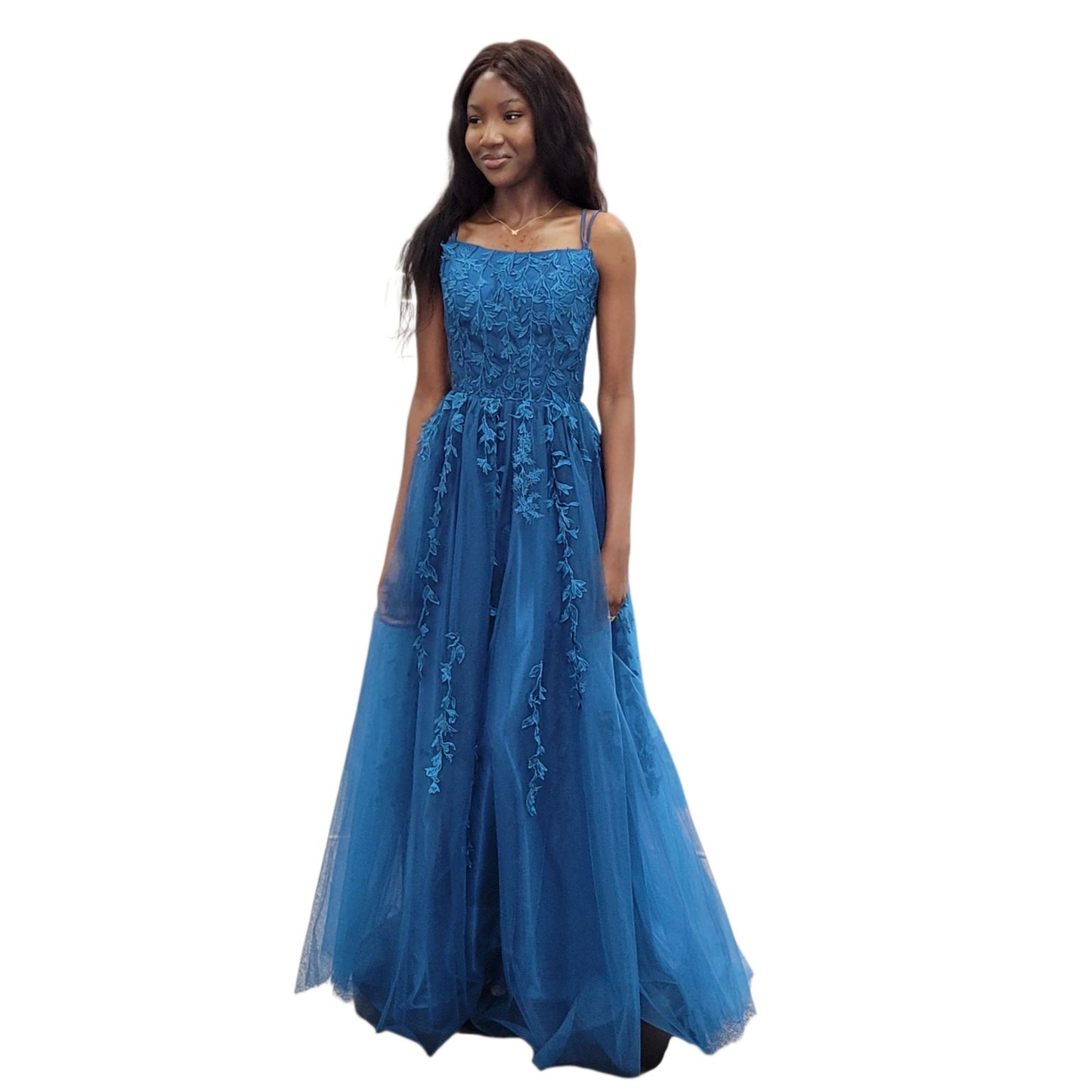 Teal Vine Dress with High Neckline and Strappy Corset Back with Pockets