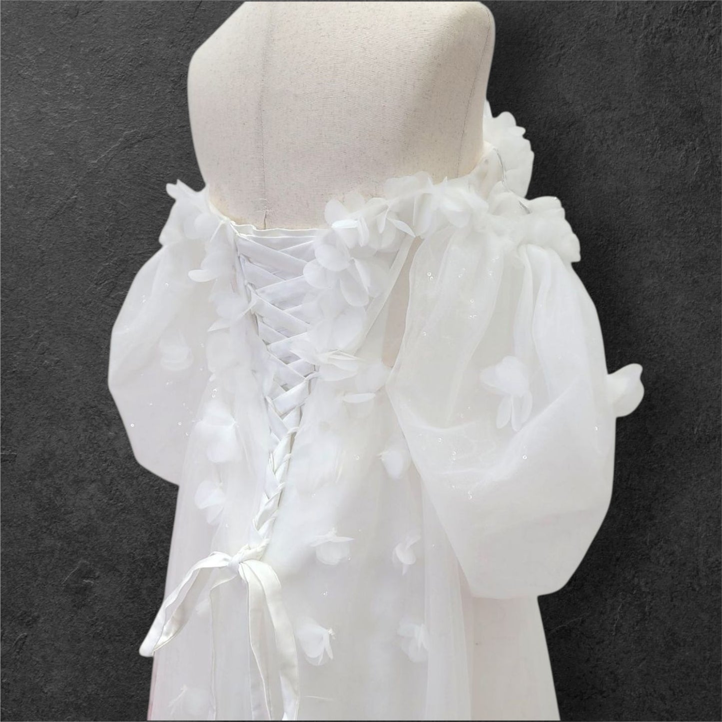 Tulle Ballgown with Puff Sleeves and Decorative Flowers