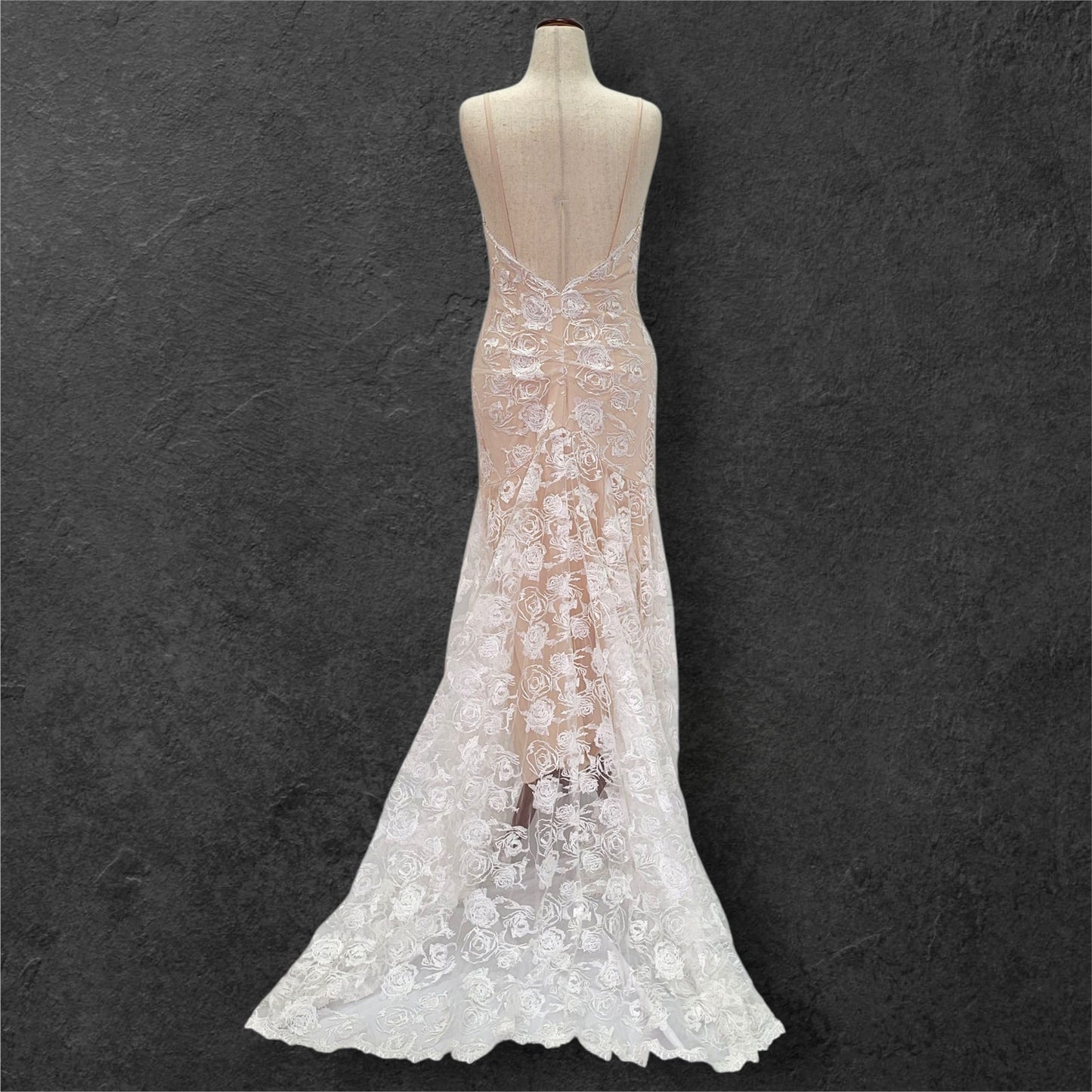 Beige Destination Wedding Dress with White Rose Overlay and Train