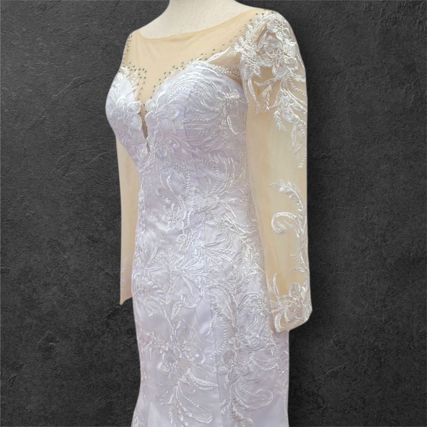 Fitted V Neck Wedding Dress with Long Mesh Sleeves with Lace