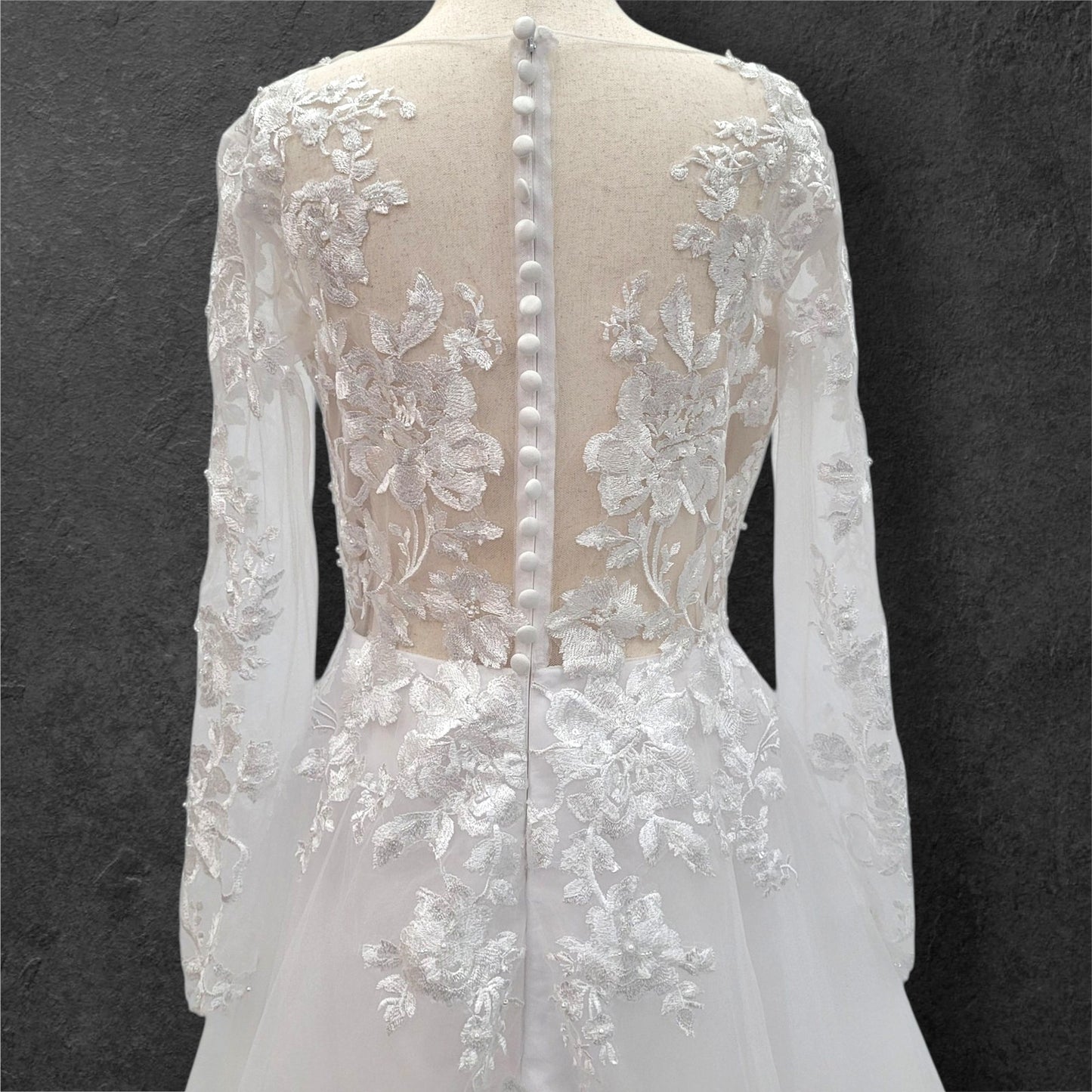 Long Sleeve Tulle Wedding Dress with Sheer Mesh Back with Floral Appliques