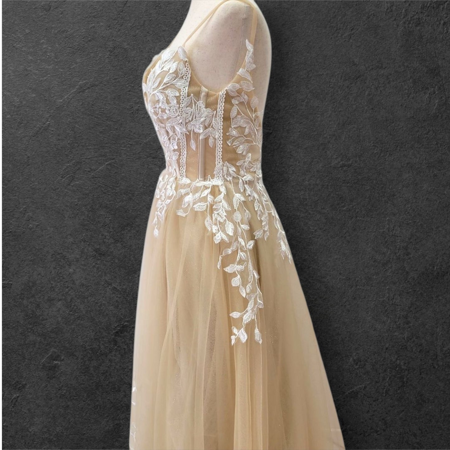 Beige Ballgown Wedding Dress with White Floral Appliques