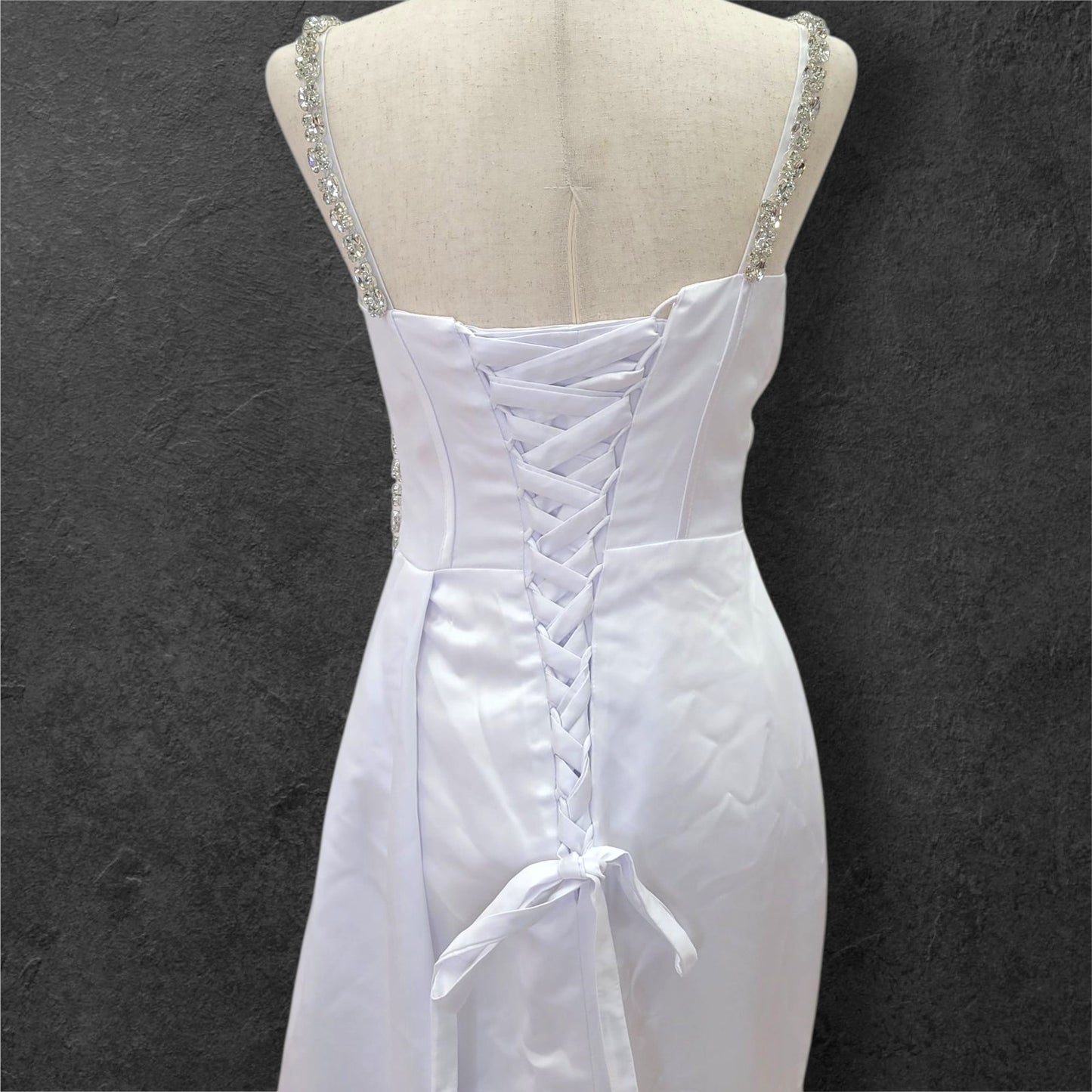 Fitted Satin White Gown with Large Jeweled Straps and Bodice Design