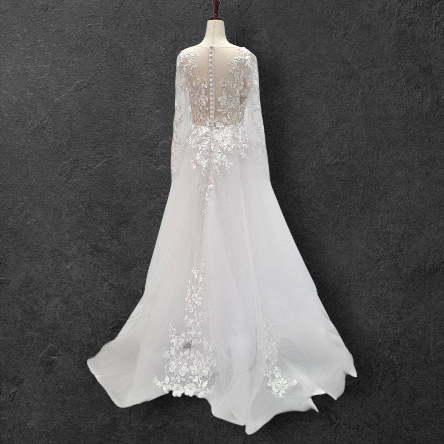 Long Sleeve Tulle Wedding Dress with Sheer Mesh Back with Floral Appliques