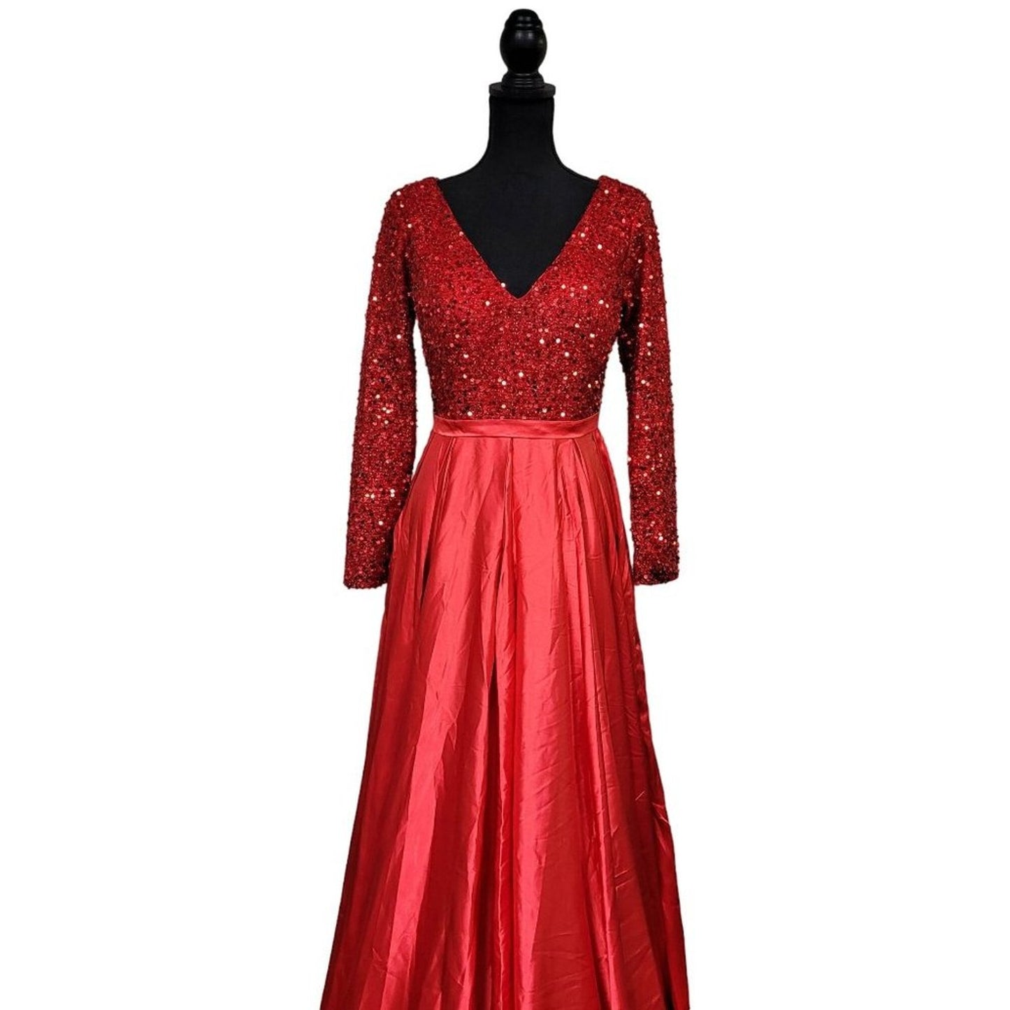 Bright Red Gala Gown with Sequin Bodice and Long Sleeves