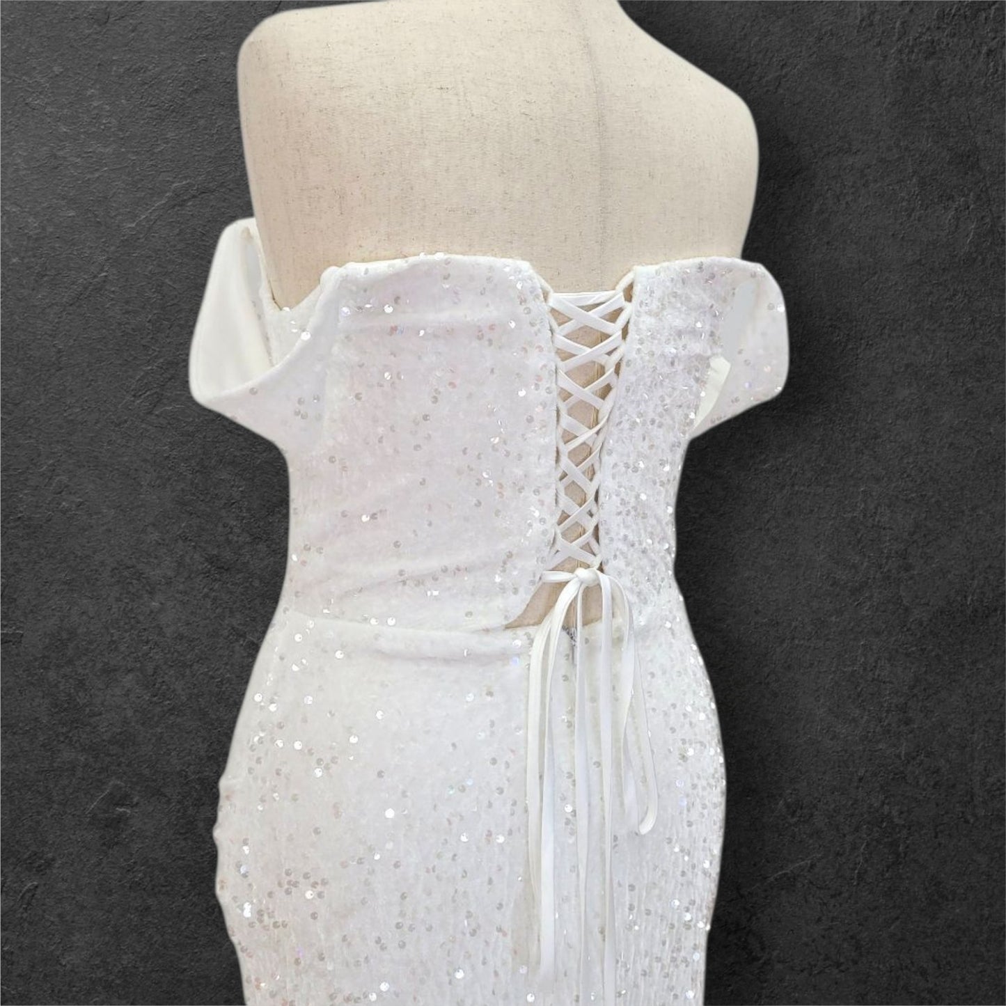Hip Hugging Sequin Wedding Dress with Off Shoulder Sleeves and Corset Back