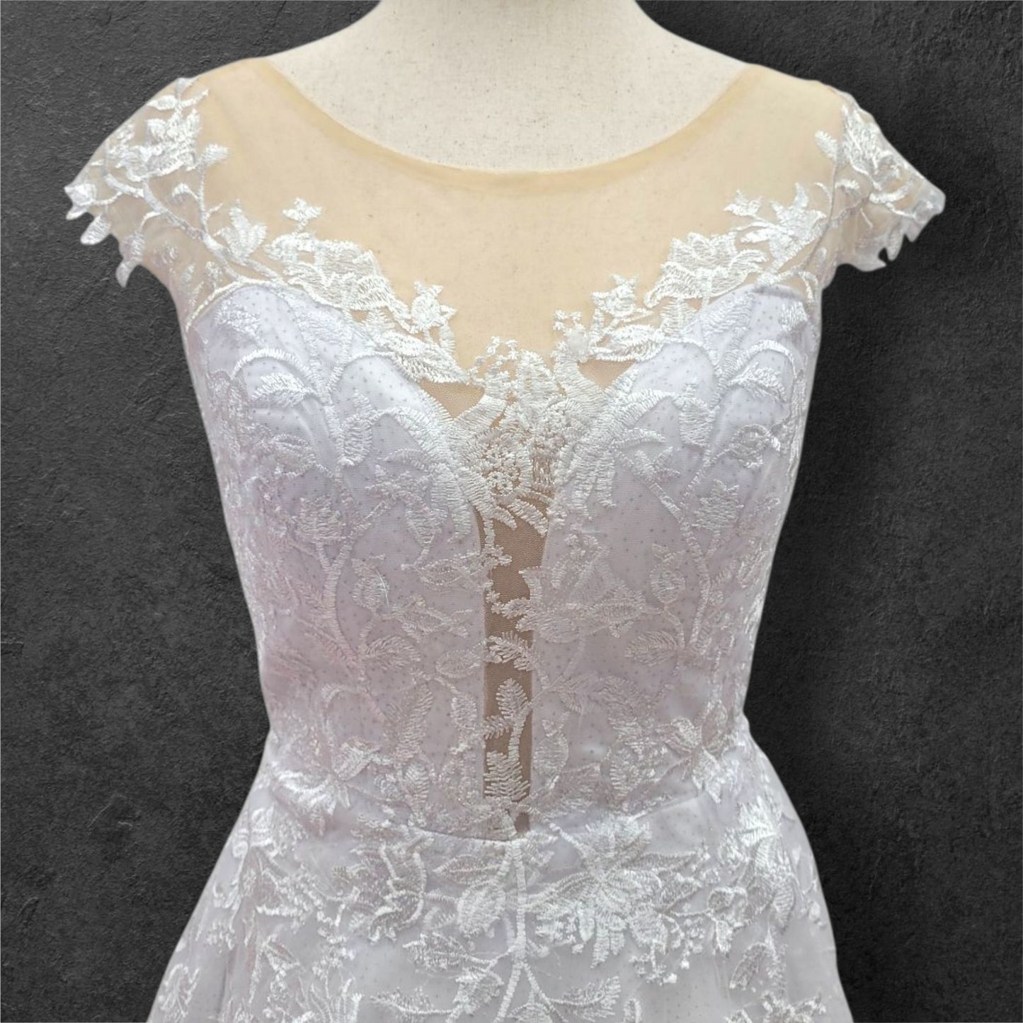 Deep V Neck Wedding Dress with Mesh Lace Cap Sleeves