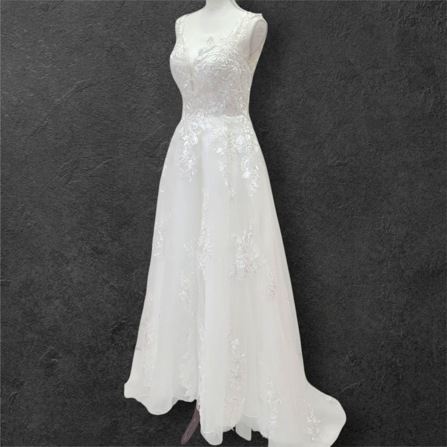 Detailed Low Back Wedding Dress with Train and Plunge V Neck