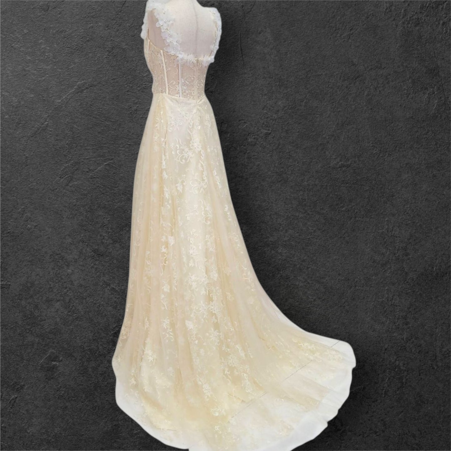 Champagne Floral Patterned Ballgown with White Flowers on Straps