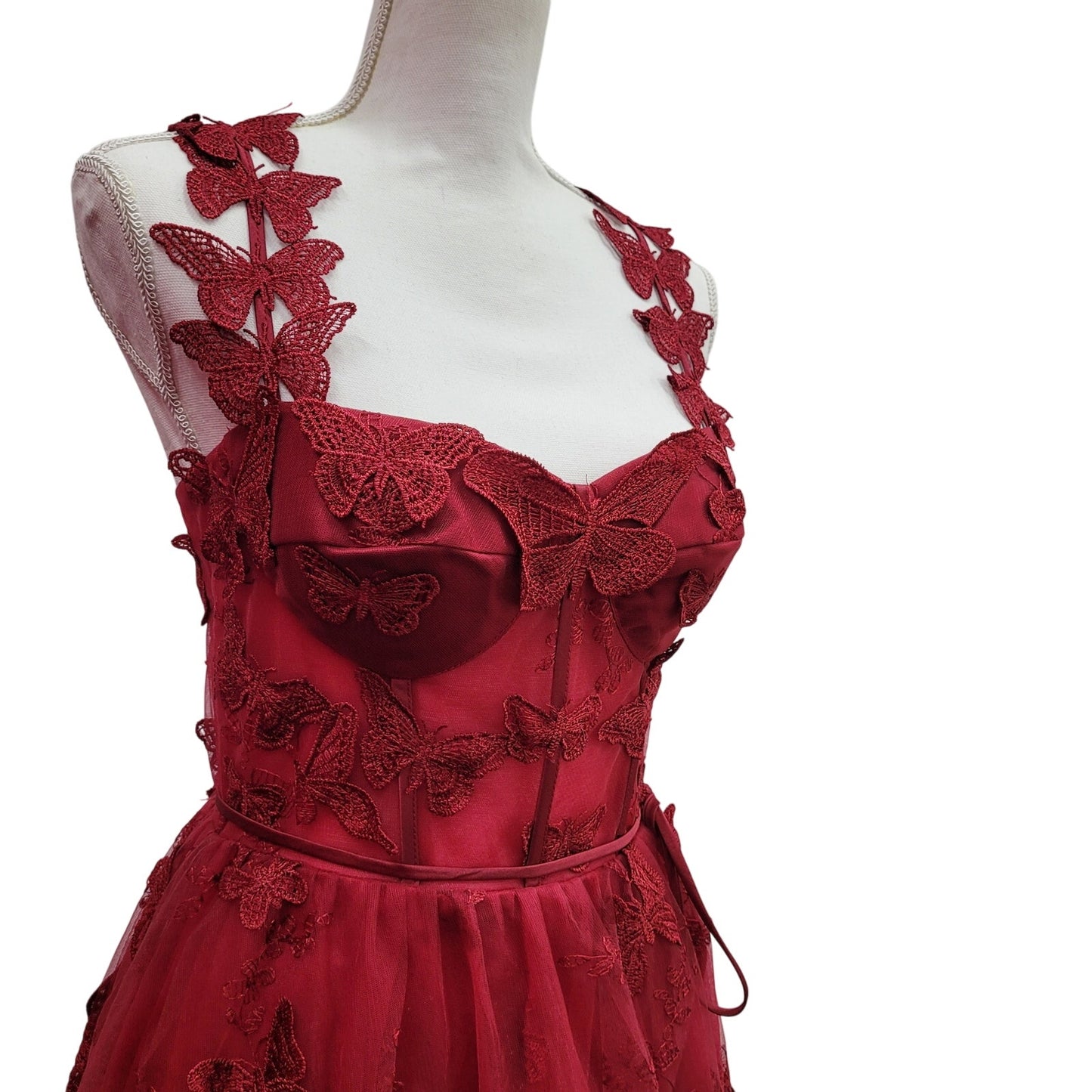 Women's Crimson Red Butterfly Dress with Corset Back