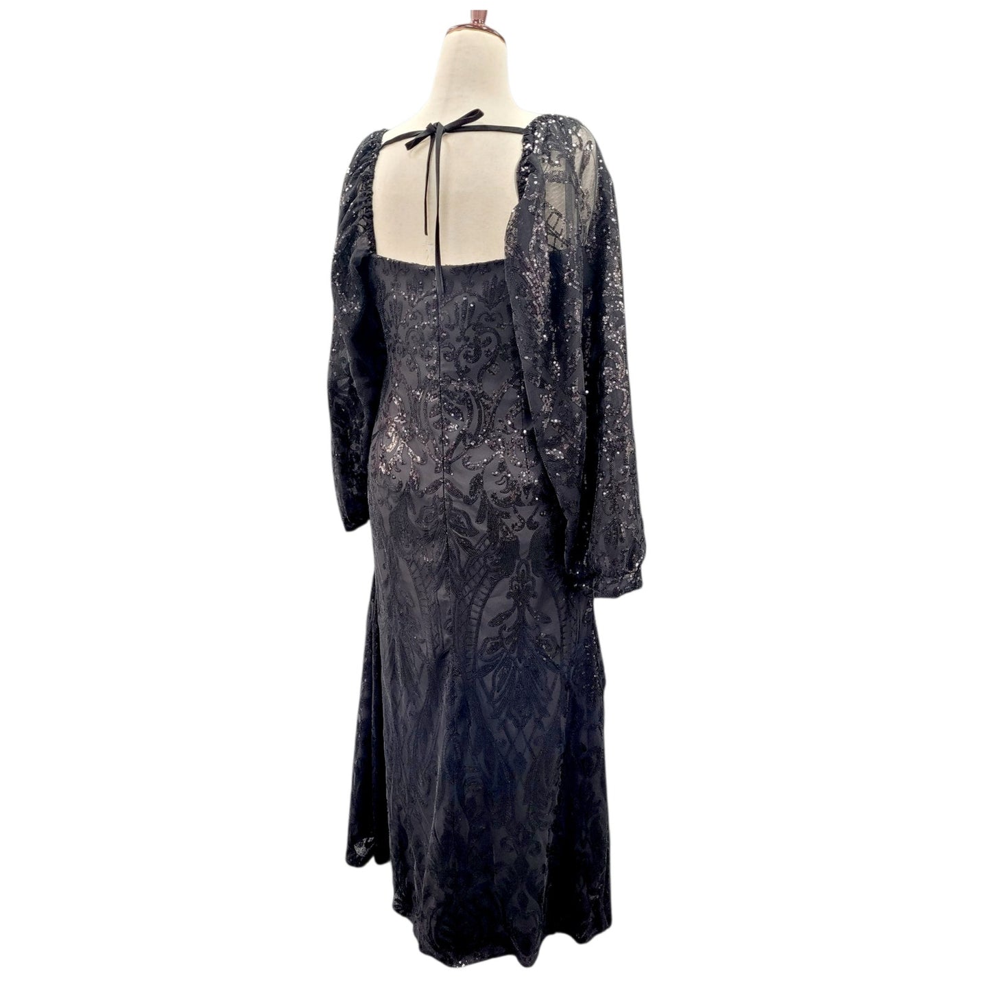 Long Sleeved Patterned Sequin Gown in Black