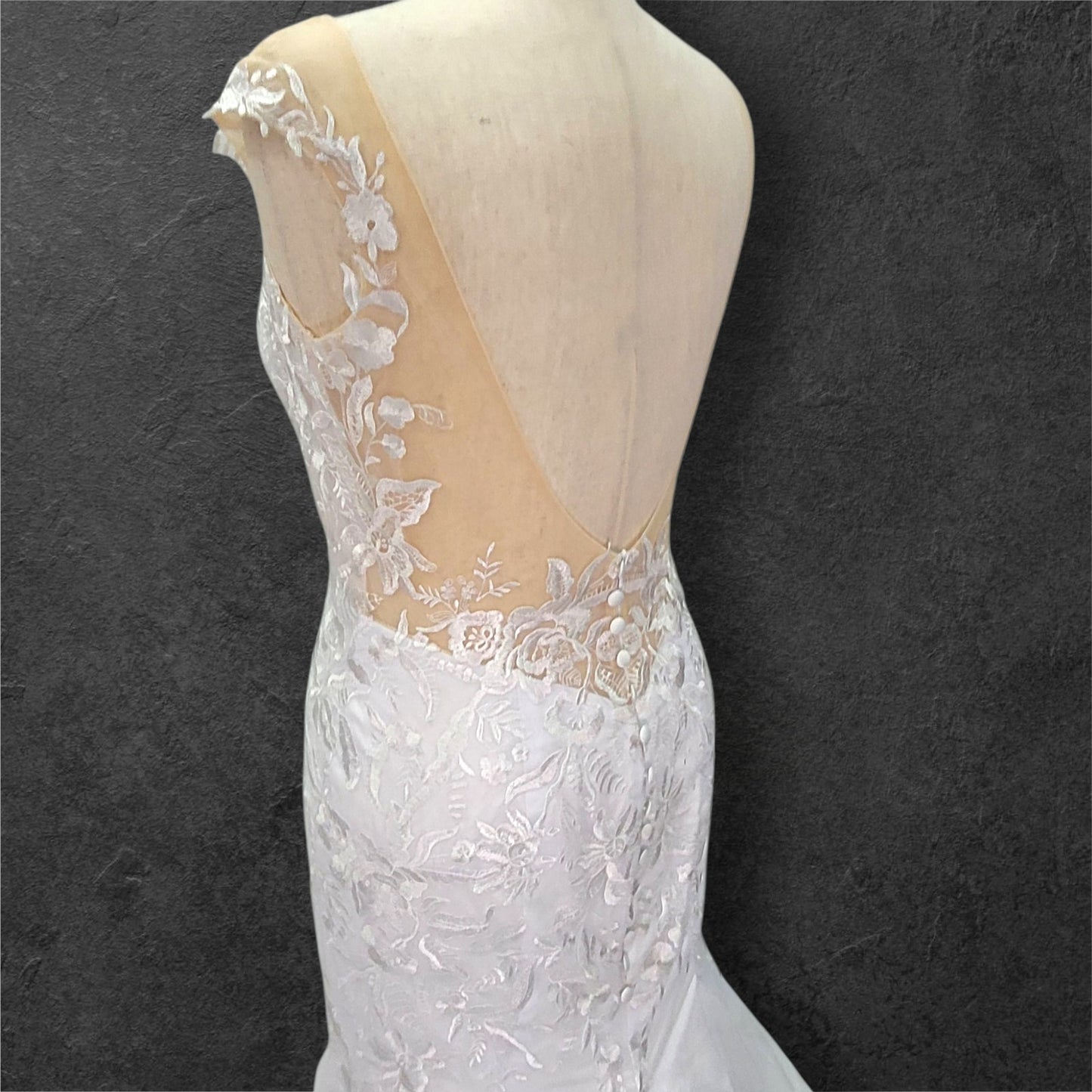 Fit n Flair Wedding Dress with Low Back and Mesh Cap Sleeves and Deep V Neck