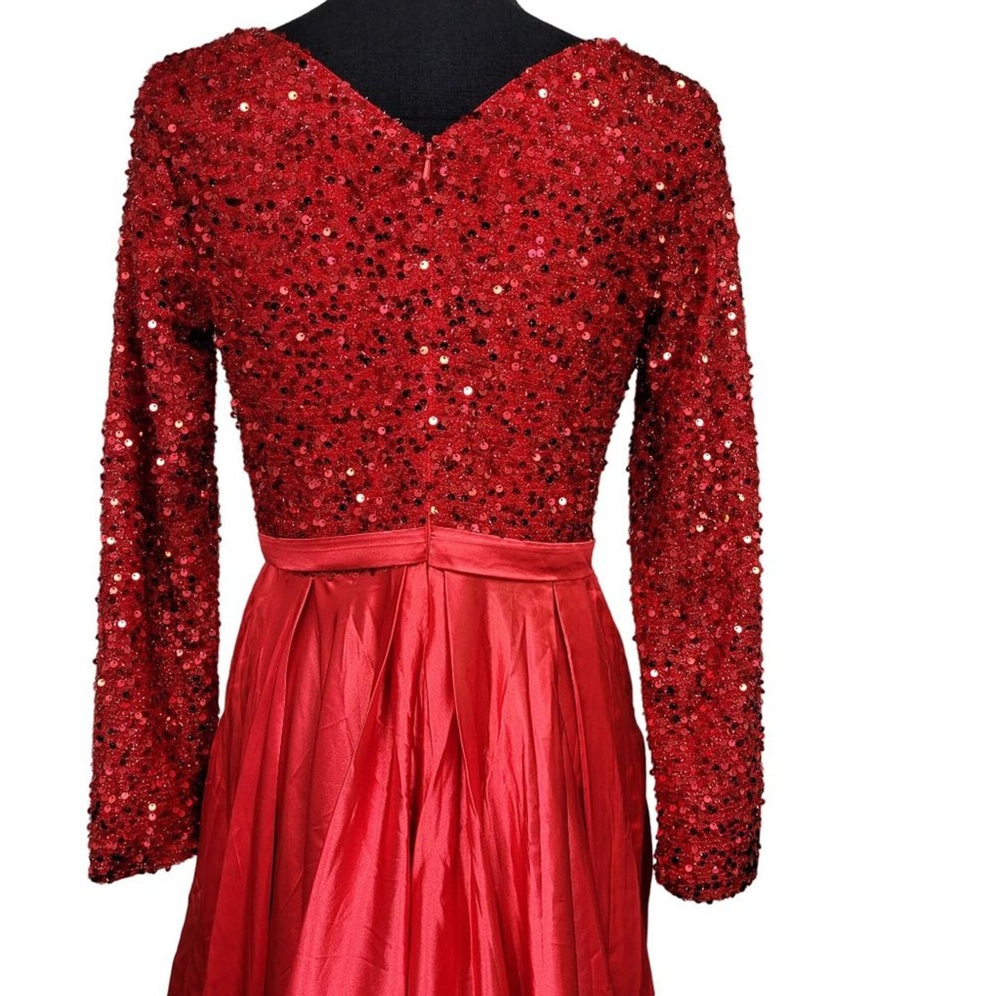 Bright Red Gala Gown with Sequin Bodice and Long Sleeves