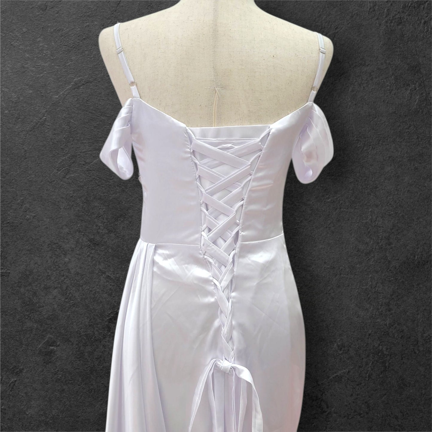 Silky Satin Wedding Dress with Full Corset Back and Off Shoulder Sleeves
