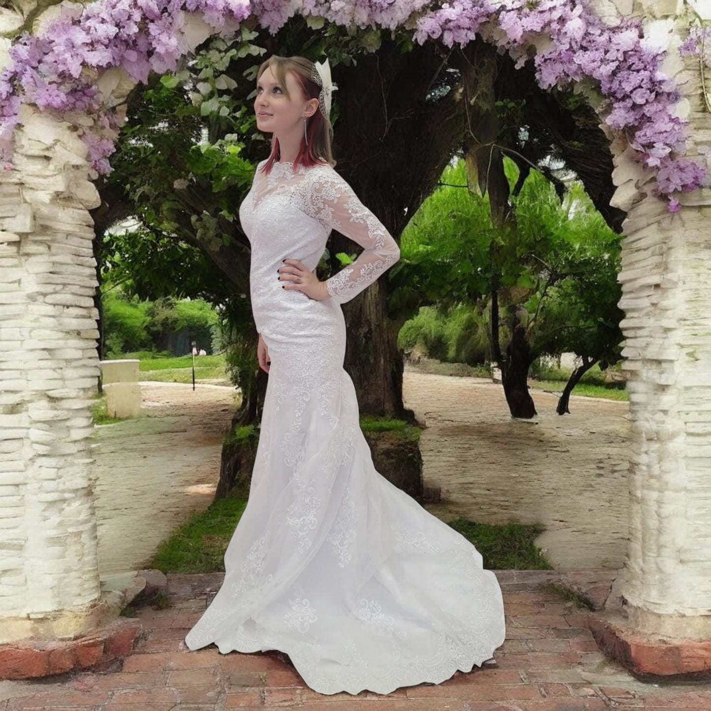 Long Sleeve Trumpet Style High Neckline Wedding Dress