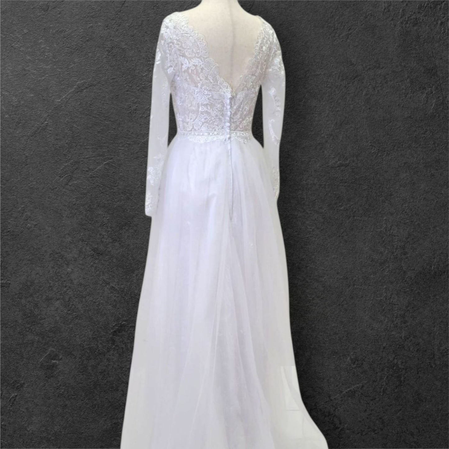 Long Sleeve A Line Tulle Wedding Dress with Fitted Lace Sleeves and Bodice