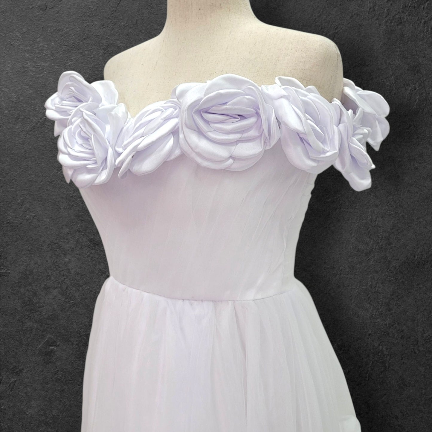 Rose Adorned Wedding Dress with Off Shoulder Sleeves and Corset Back