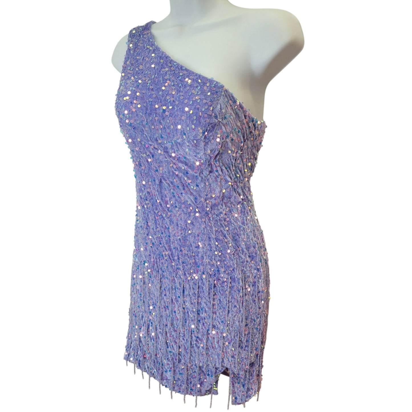 Women's Short Purple Sequin One Shoulder Dress with Beaded Fringe