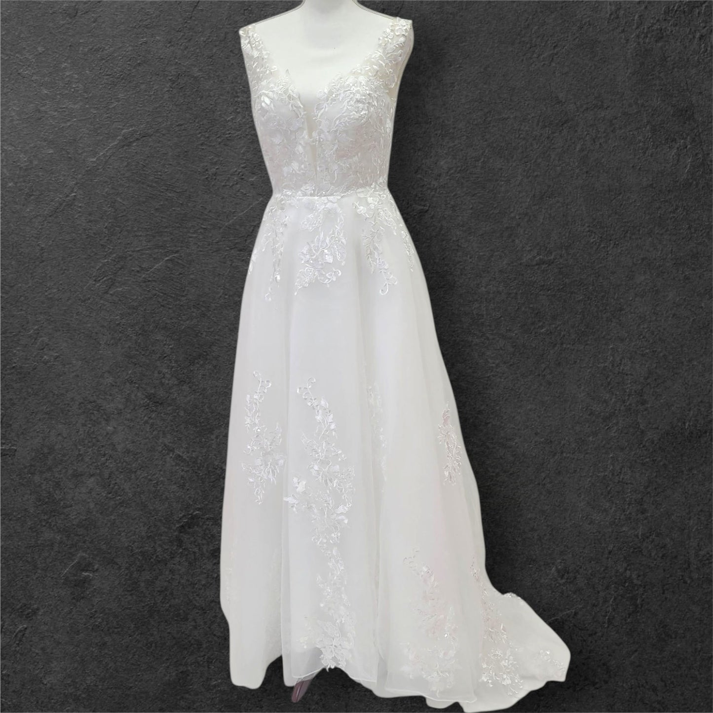 Detailed Low Back Wedding Dress with Train and Plunge V Neck