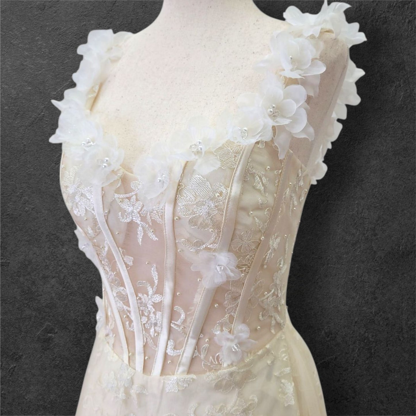 Champagne Floral Patterned Ballgown with White Flowers on Straps