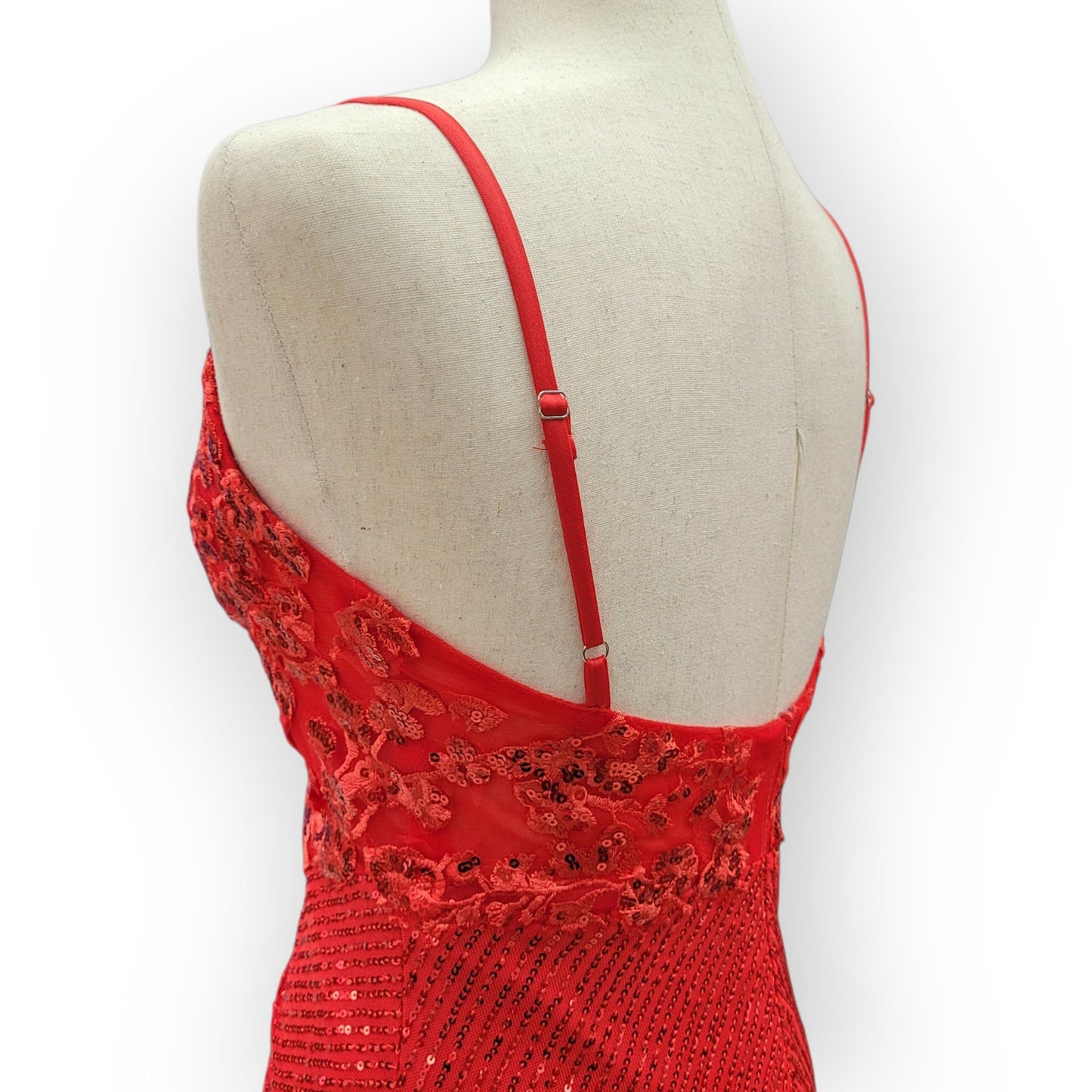 Bright Red Sequin Evening Gown with Detailed Bodice