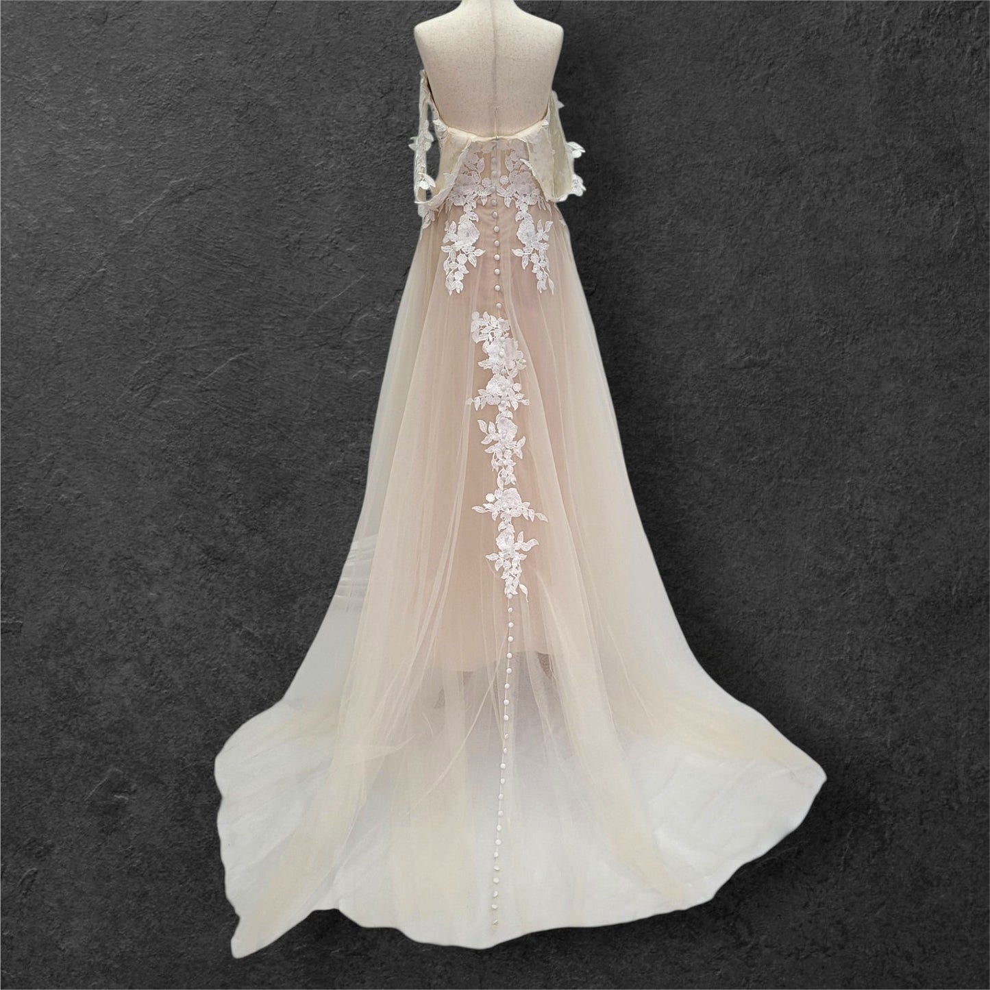 Beige Champagne Wedding Dress with White Floral Appliques