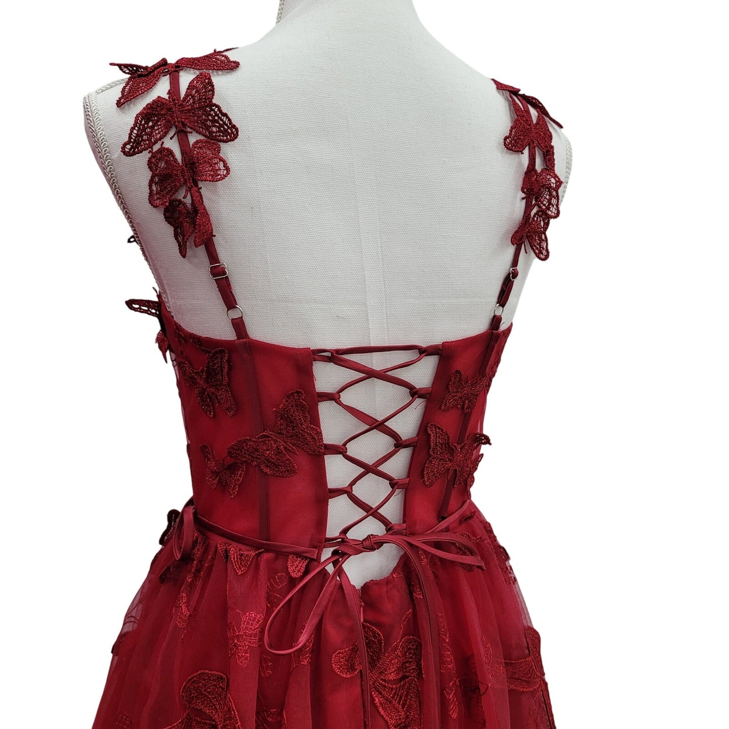 Women's Crimson Red Butterfly Dress with Corset Back