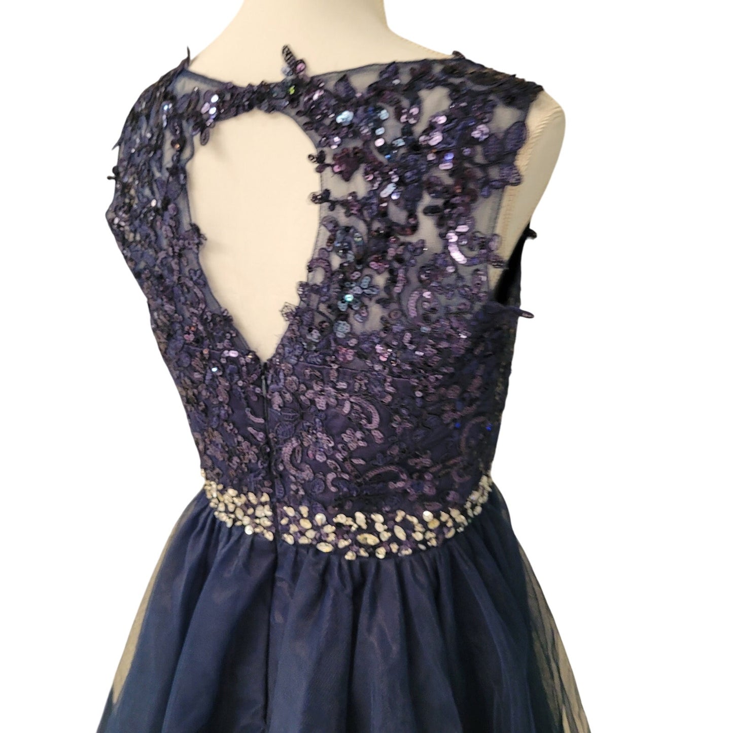 Women's Navy Short Dress Embroidered Bodice Keyhole Back