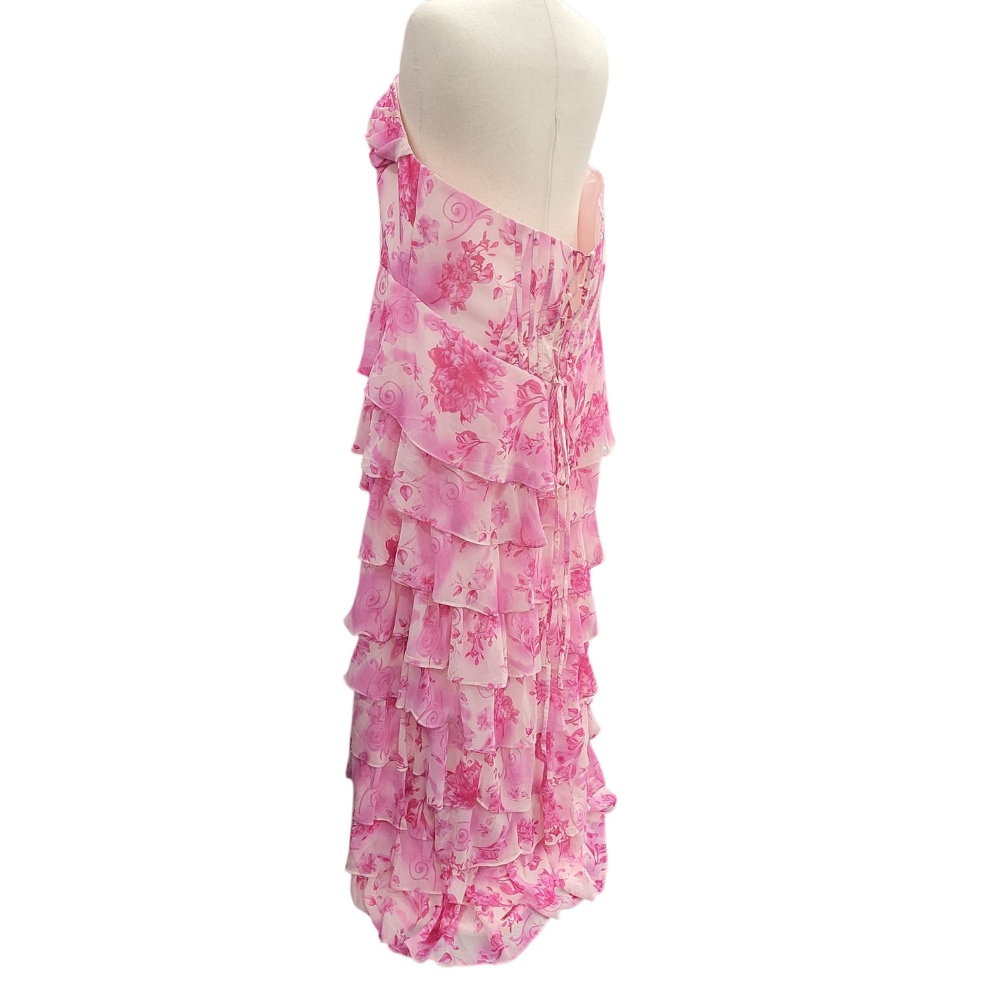 Strapless Pink Floral Tiered Dress with Corset Back