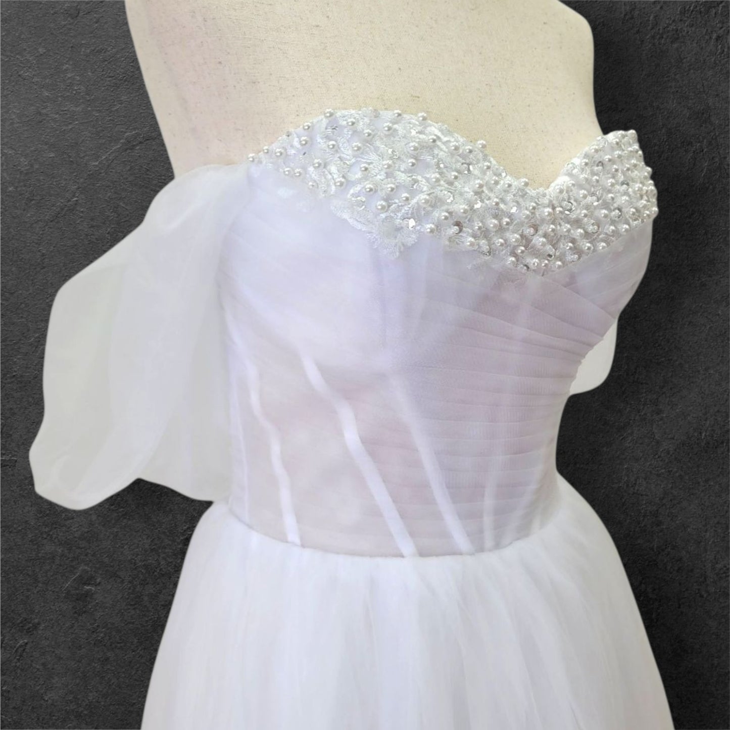 Tulle A Line Wedding Dress with Pearl Design on Bust and Full Corset Back