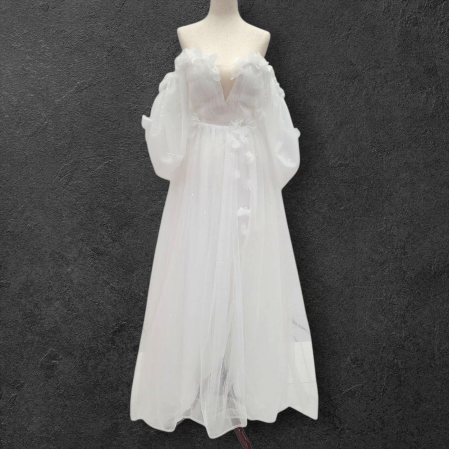 Tulle Ballgown with Puff Sleeves and Decorative Flowers