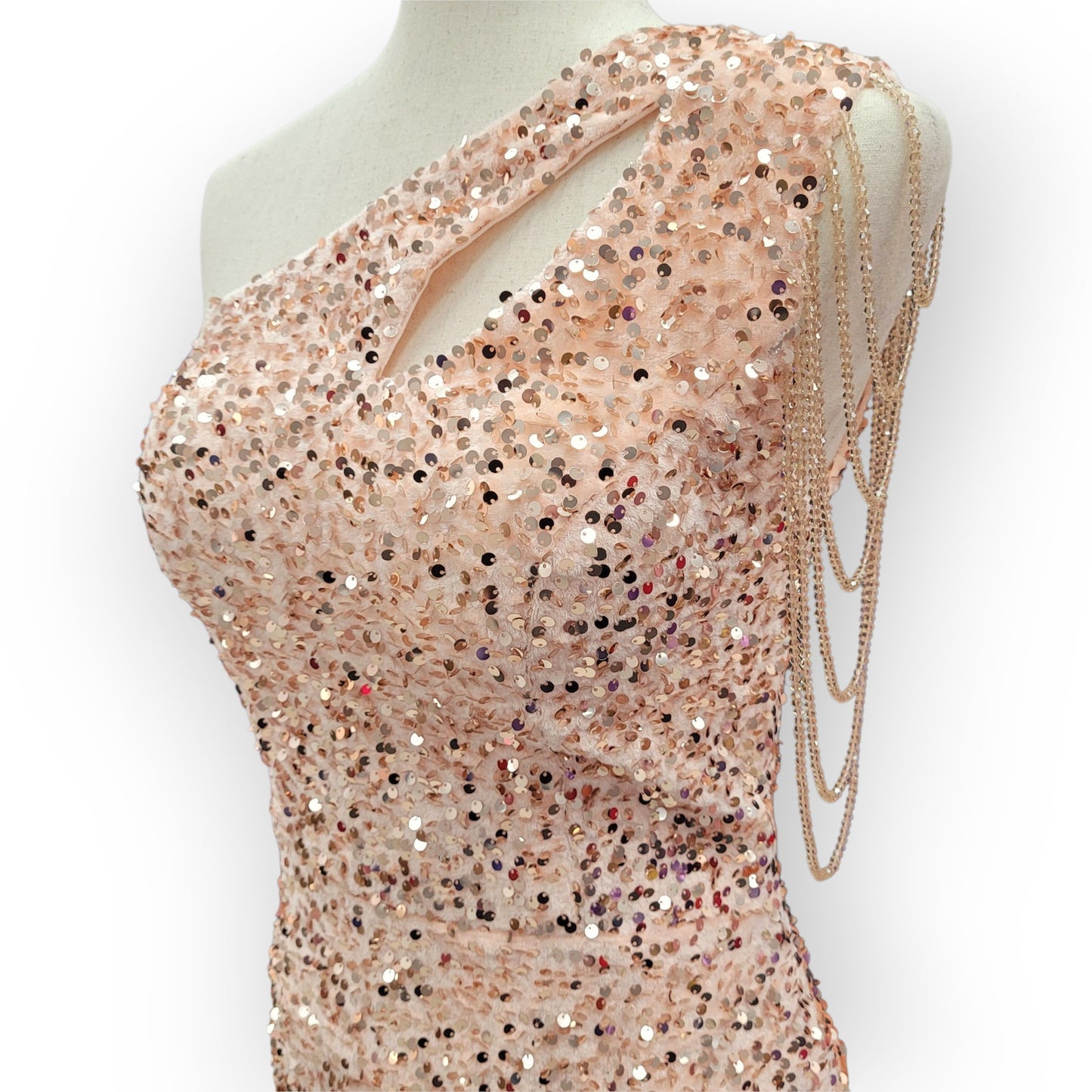 Rose Gold One Shoulder Cutout Sequin Gown with Train and Beaded Shoulder Overlay