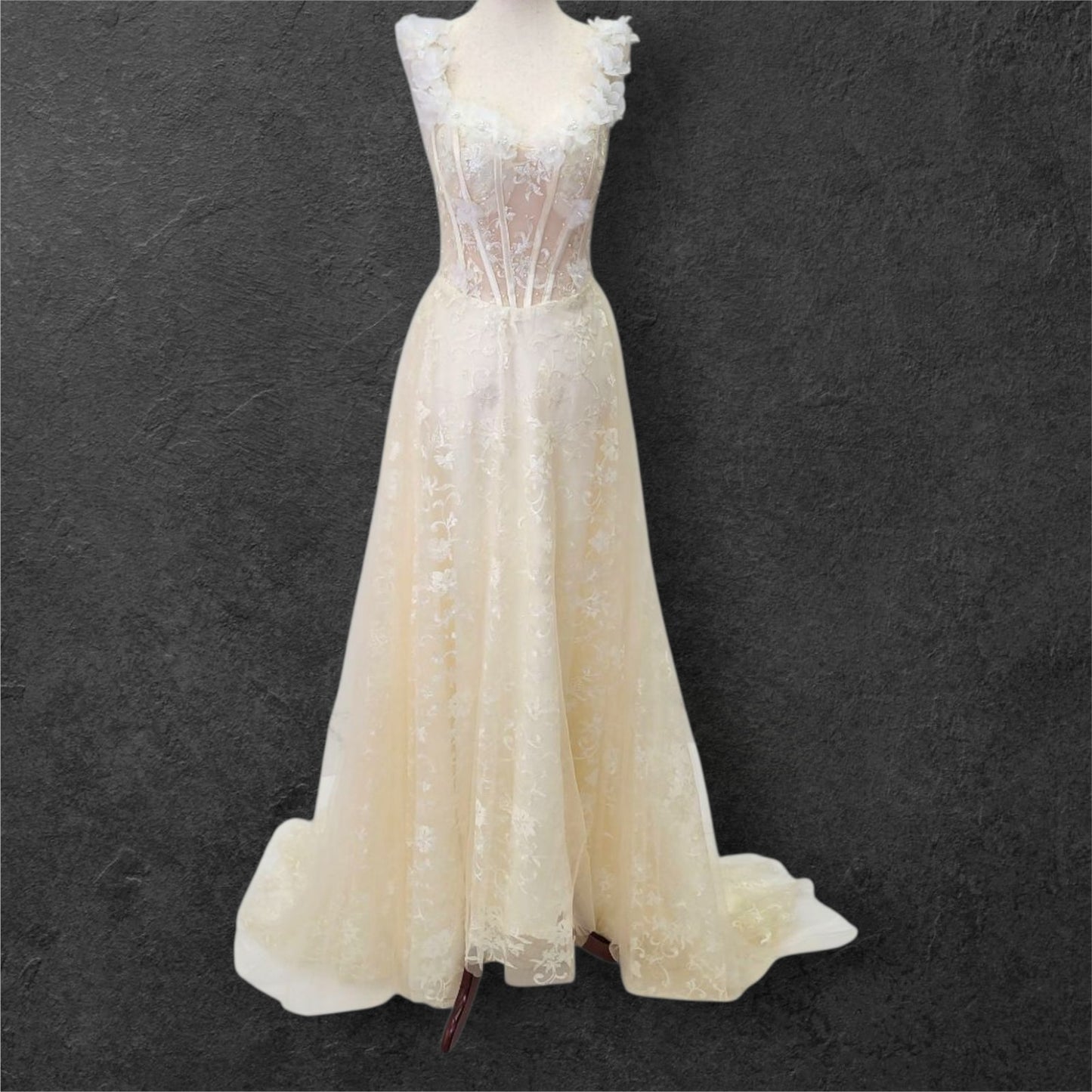 Champagne Floral Patterned Ballgown with White Flowers on Straps