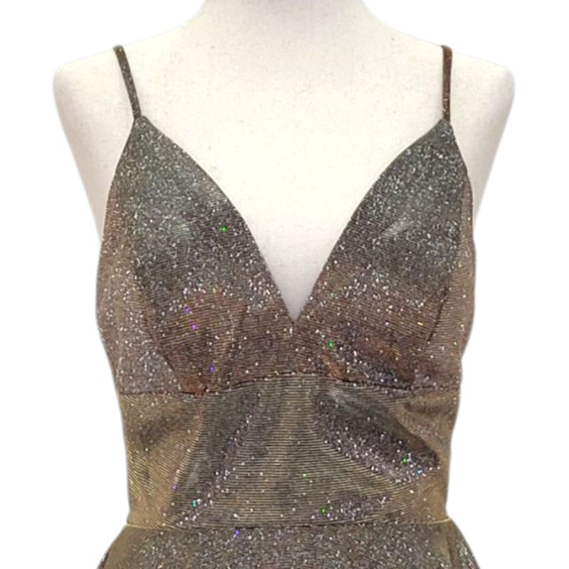 Gold Sparkle Cocktail Dress with V Neck and Low Back