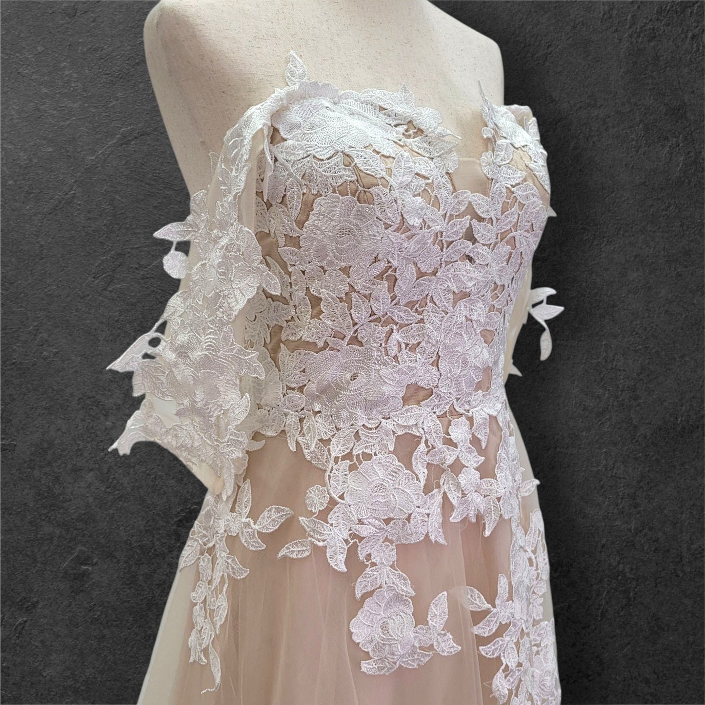 Beige Champagne Wedding Dress with White Floral Appliques