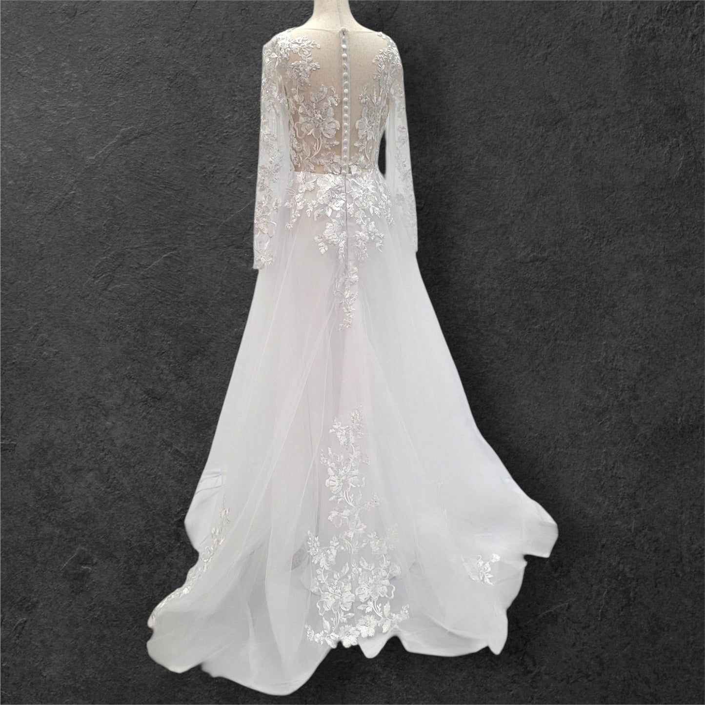 Long Sleeve Tulle Wedding Dress with Sheer Mesh Back with Floral Appliques