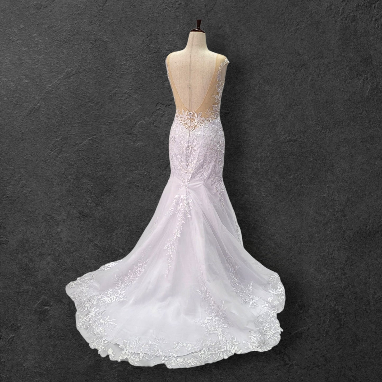 Fit n Flair Wedding Dress with Low Back and Mesh Cap Sleeves and Deep V Neck