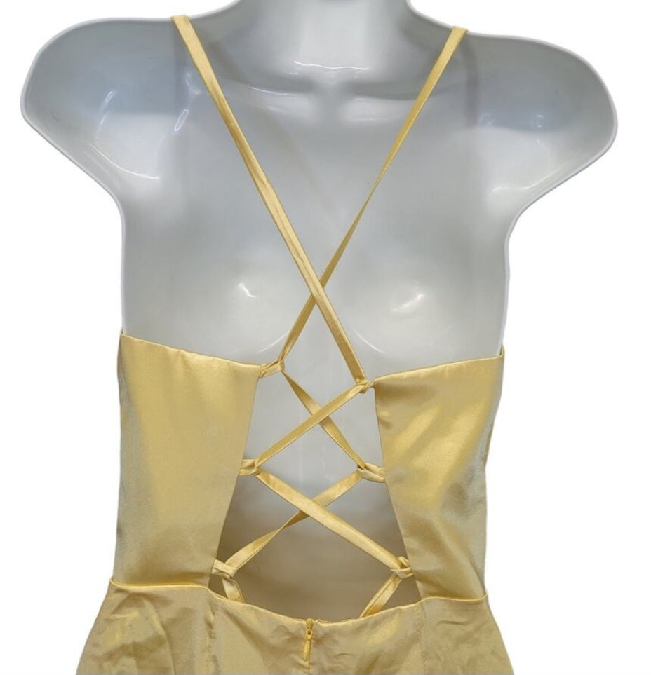 Buttercup Yellow Strappy Halo Dress Scoop Neckline with Corset Back